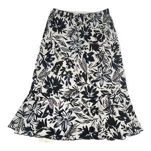 Vintage Bechamel Floral Print Midi Skirt Black White Blue Size S Elastic Waist